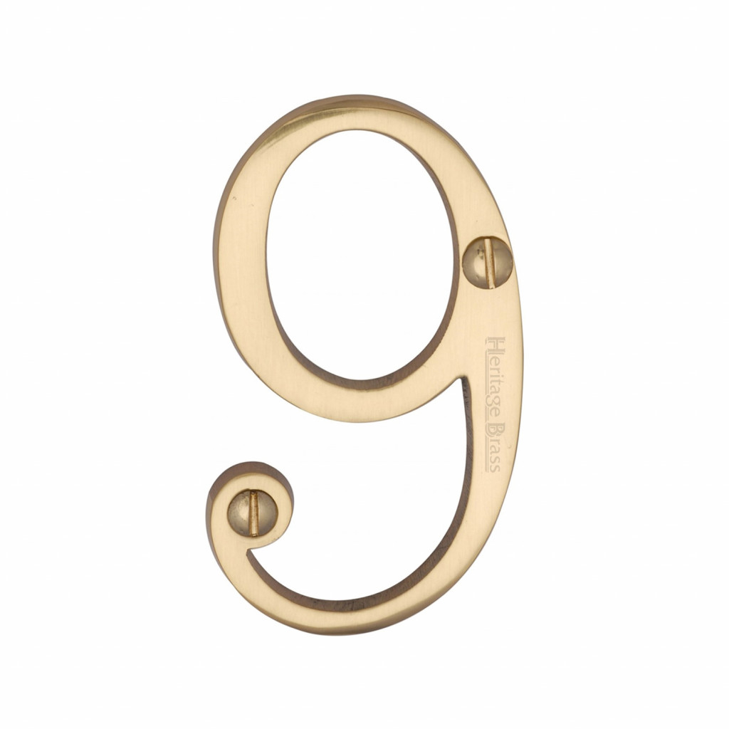 Heritage Brass Numeral 9 -  Face Fix 76mm  – Slimline font